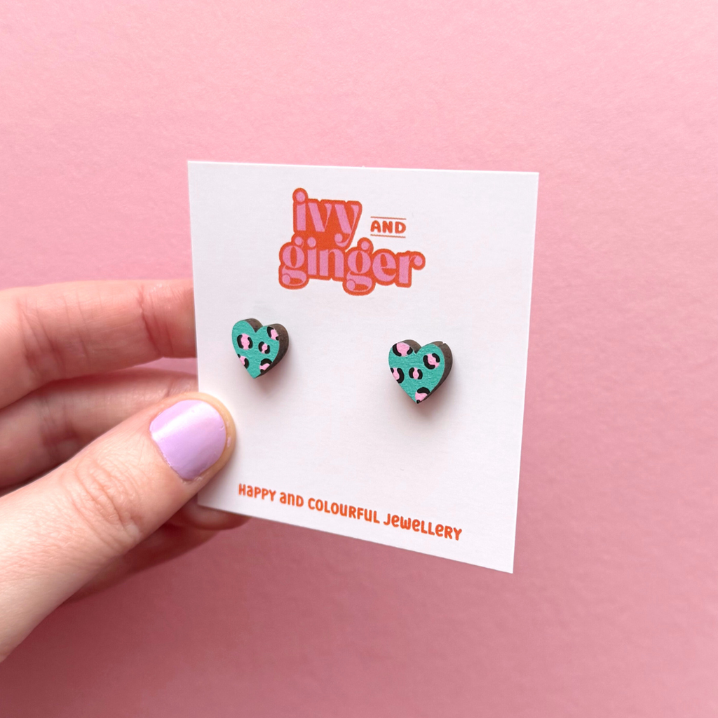 Ivy and Ginger Handmade Mini Green and Pink Leopard Heart Stud Earrings