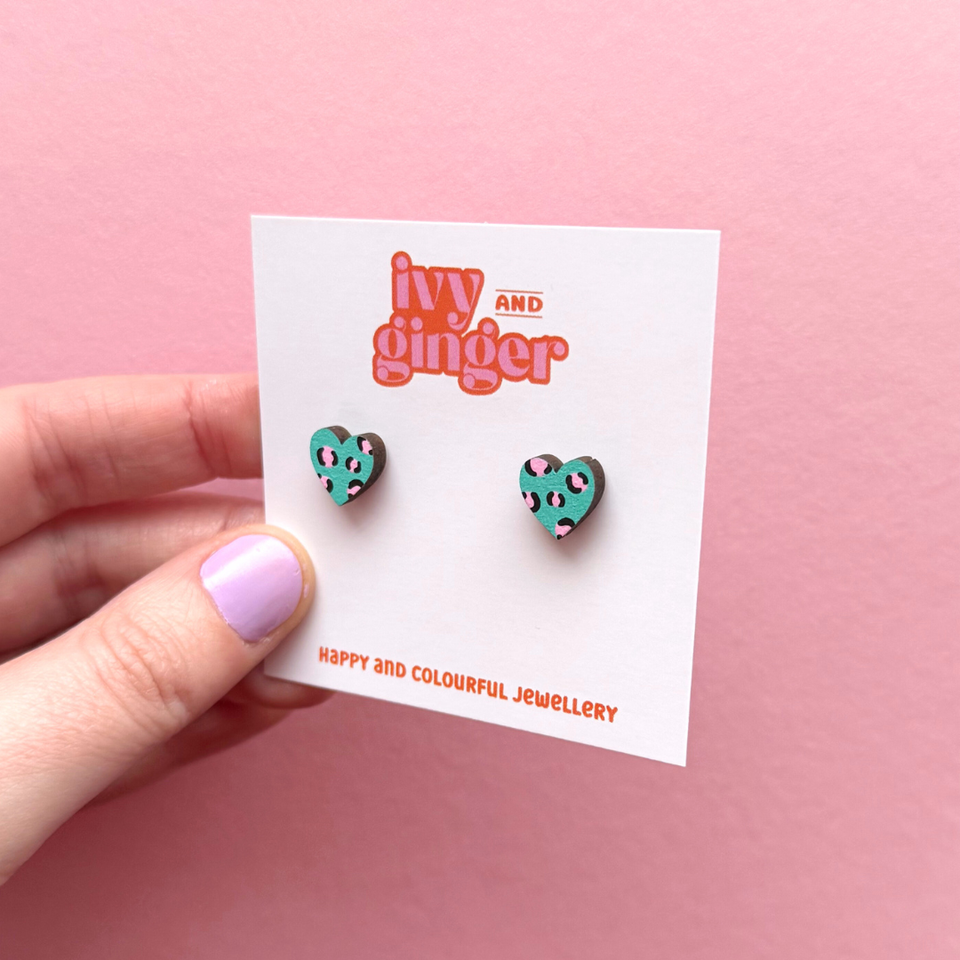 Ivy and Ginger Handmade Mini Green and Pink Leopard Heart Stud Earrings