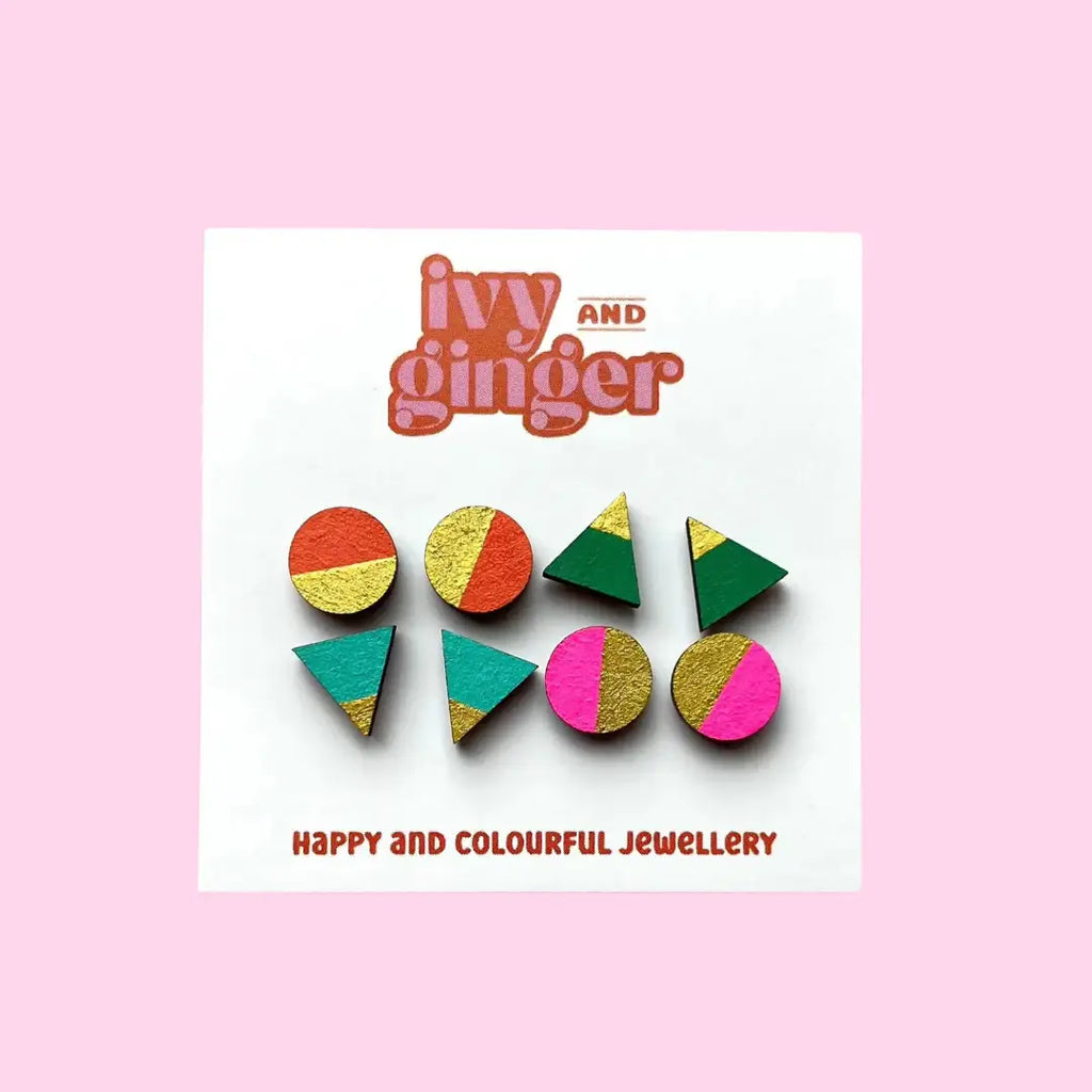 Ivy and Ginger Handmade Retro Brights Gold Edge Stud Earrings Set