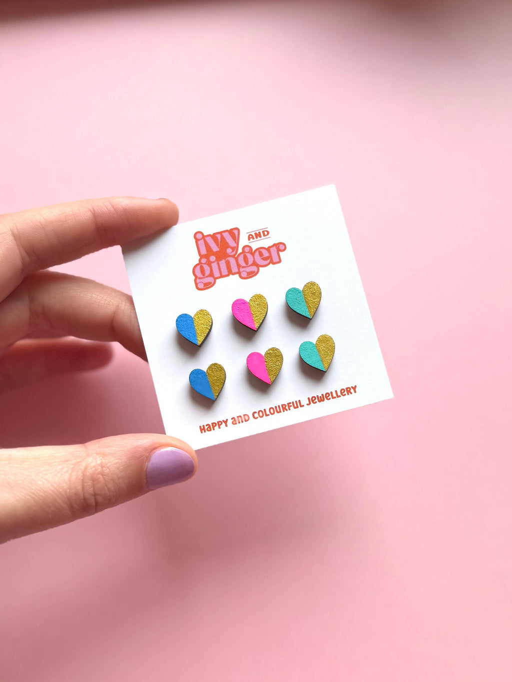Ivy and Ginger Handmade Gold Edge Fun Heart Statement Stud Earrings Set