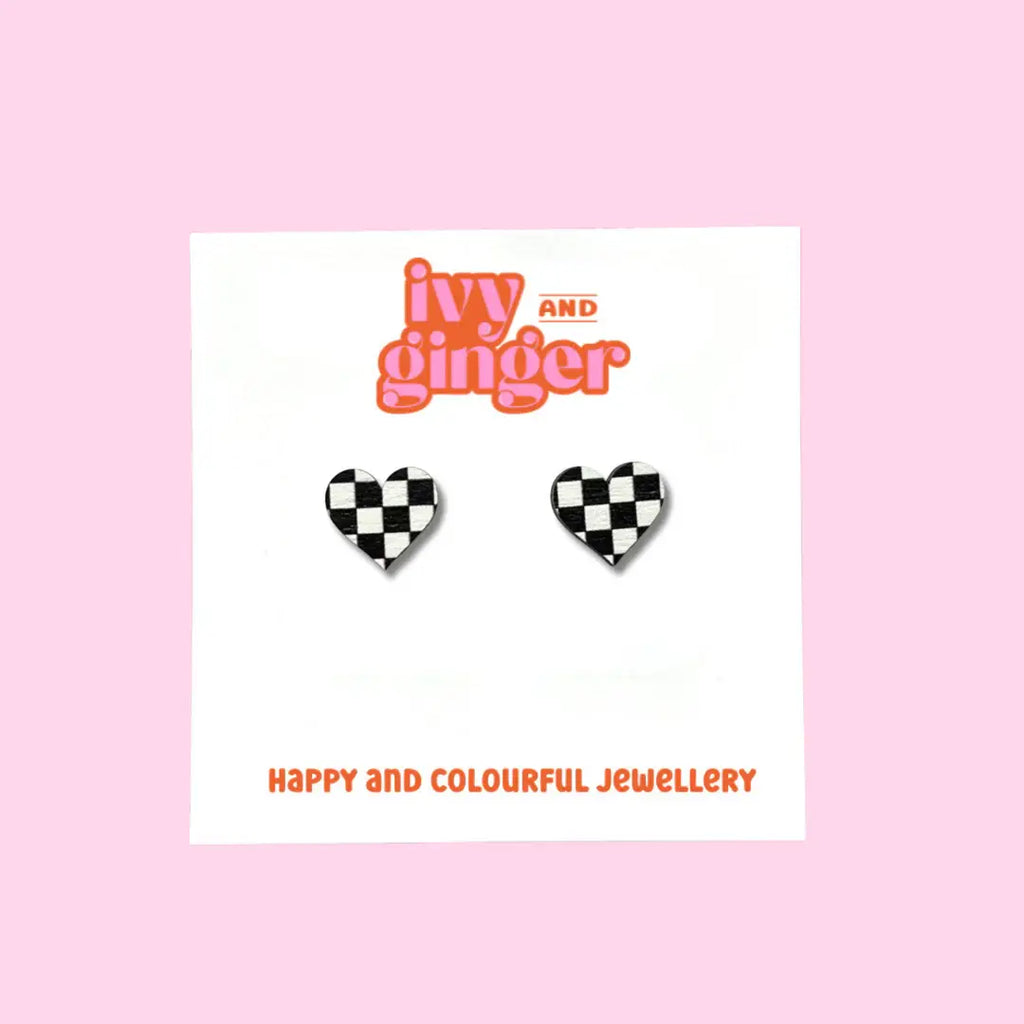 Ivy and Ginger Midi checkerboard print heart stud earrings black and white