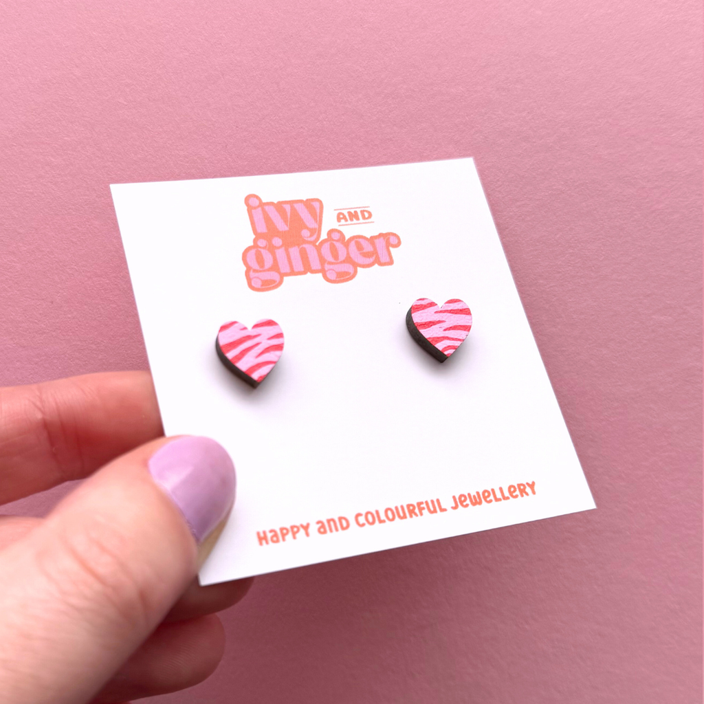 Ivy and Ginger Mini pink and red zebra print heart shaped stud earrings