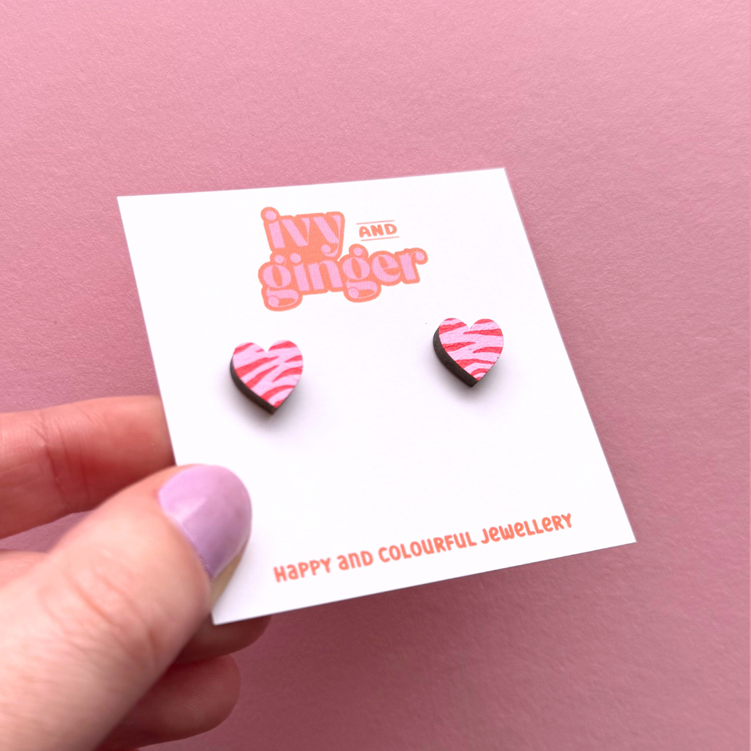 Ivy and Ginger Mini pink and red zebra print heart shaped stud earrings