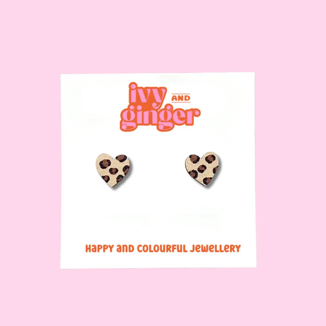 Ivy and Ginger Handmade Brown Leopard Print Mini Heart Stud Earrings