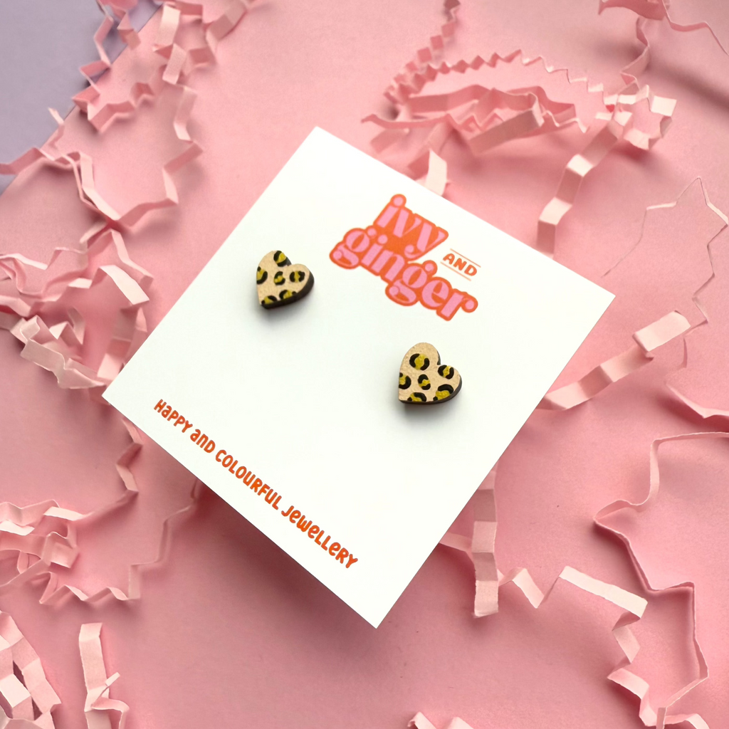 Ivy and Ginger Mini cream and gold leopard print heart stud earrings