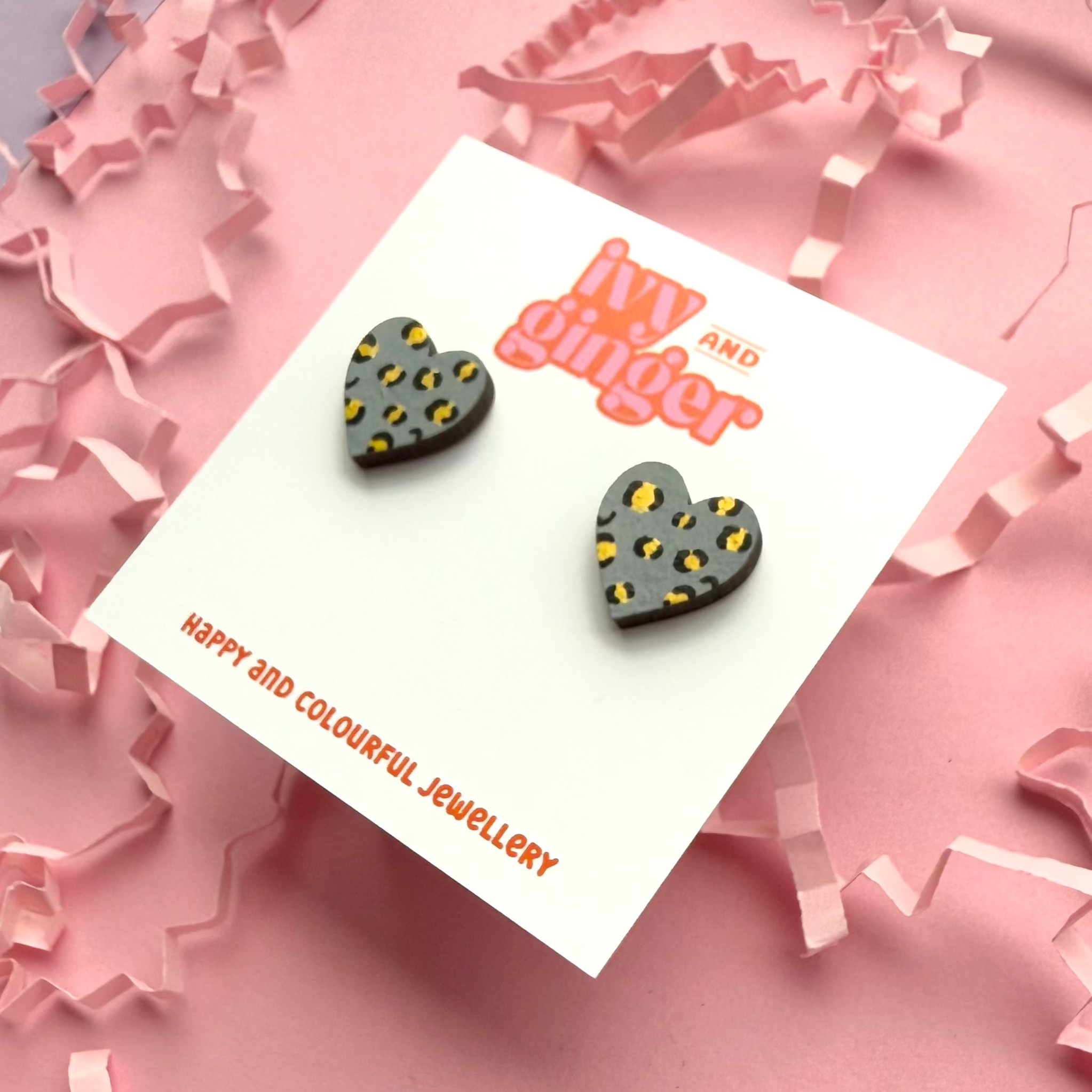 Ivy and Ginger Midi grey and gold leopard print heart stud earrings