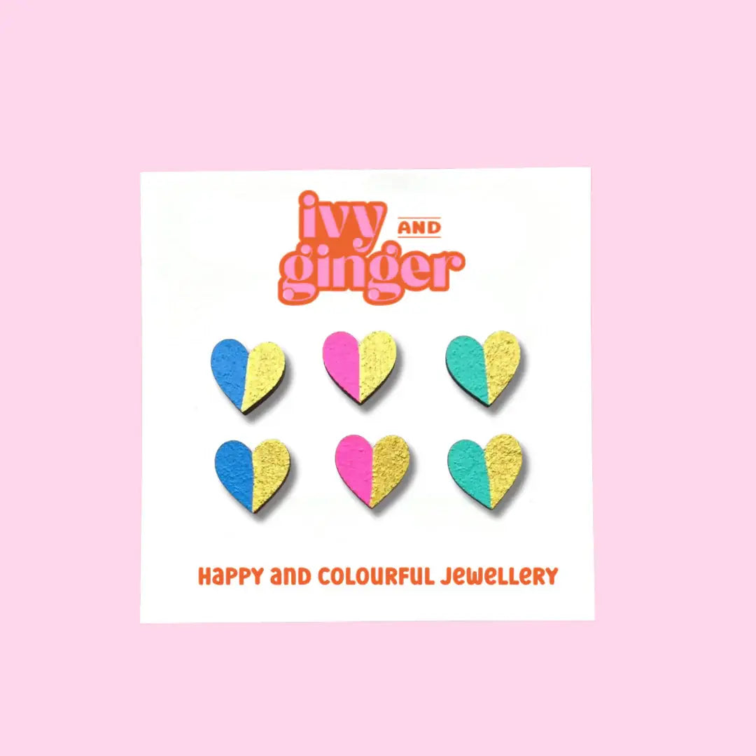 Ivy and Ginger Handmade Gold Edge Fun Heart Statement Stud Earrings Set
