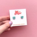 Ivy and Ginger Handmade Mini Green and Pink Leopard Heart Stud Earrings