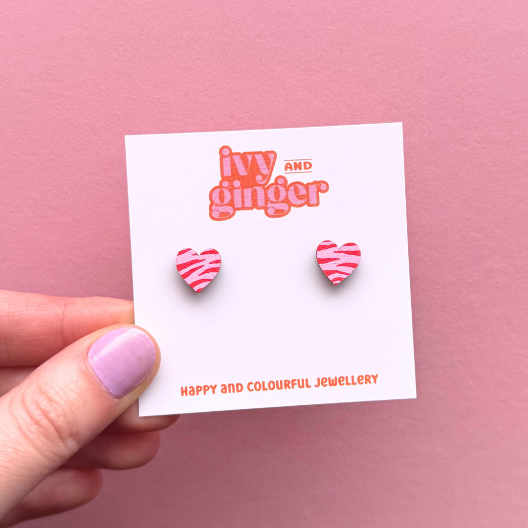 Ivy and Ginger Mini pink and red zebra print heart shaped stud earrings