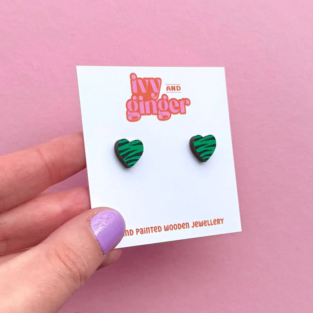 Ivy and Ginger Hand painted mini green and black zebra print stud earrings