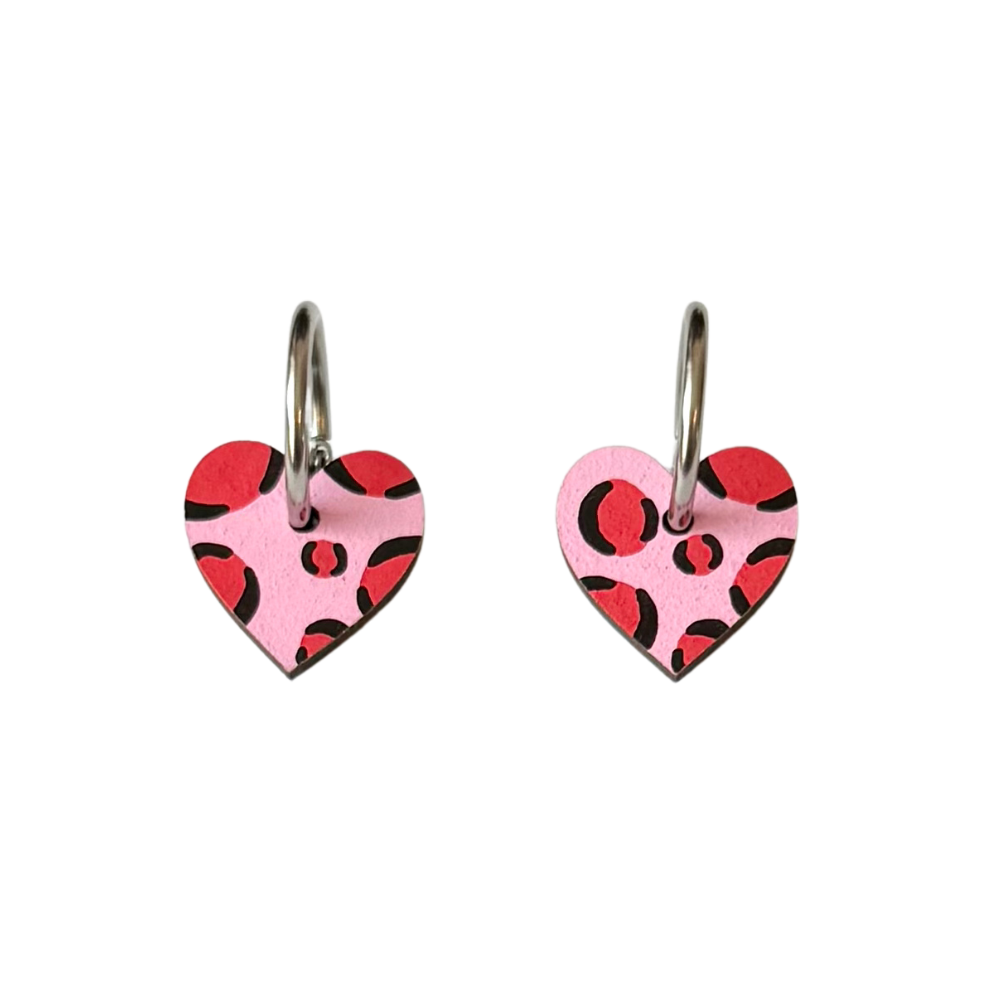 Ivy and Ginger Light pink and red leopard print small heart hoop earrings