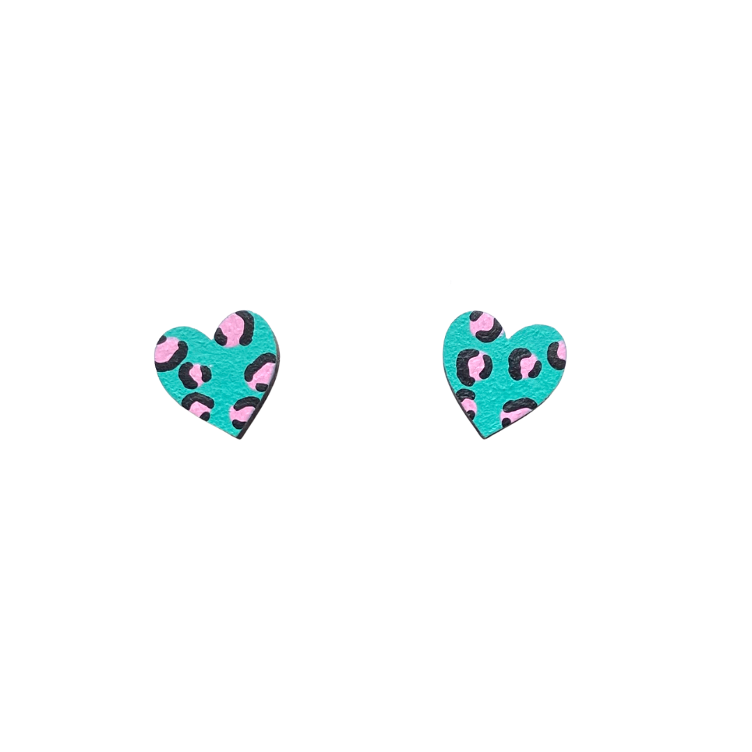 Ivy and Ginger Handmade Mini Green and Pink Leopard Heart Stud Earrings