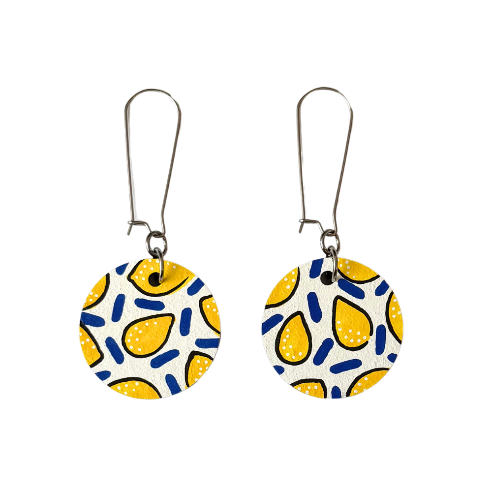 Ivy and Ginger Lemon print Summer hand painted wooden dangle drop earrings
