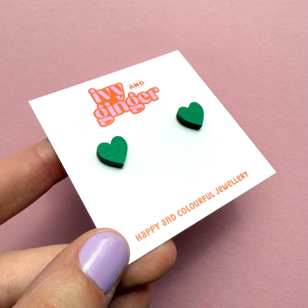 Ivy and Ginger Green mini heart stud earrings - hand painted wooden studs