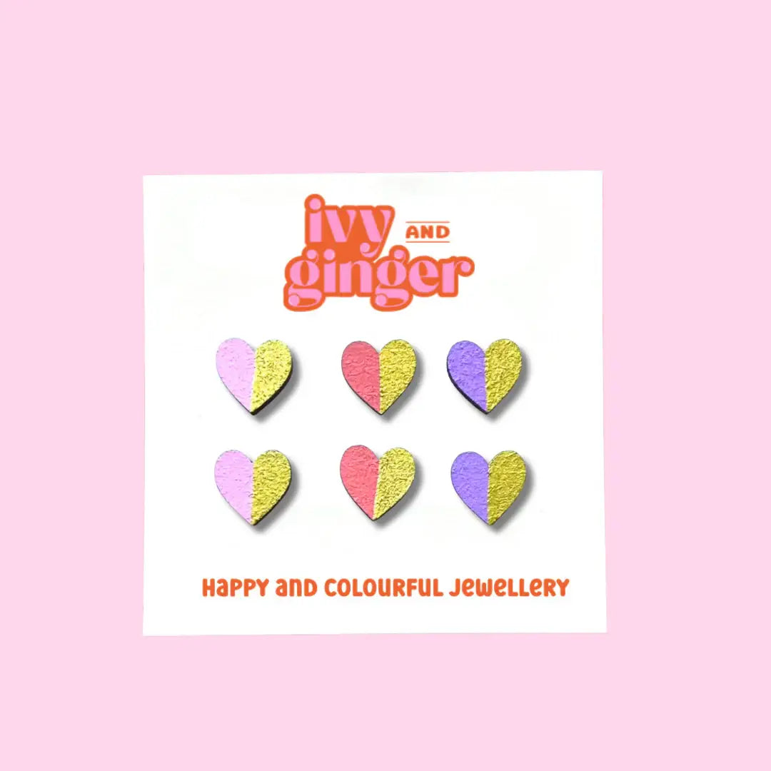 Ivy and Ginger Handmade Gold Edge Hearts Stud Earrings Gift Set in Pinks