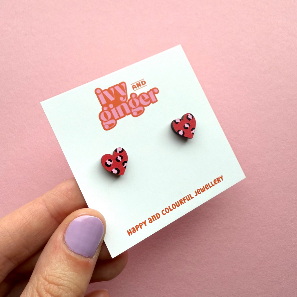 Ivy and Ginger Red and pink leopard print mini heart stud earrings