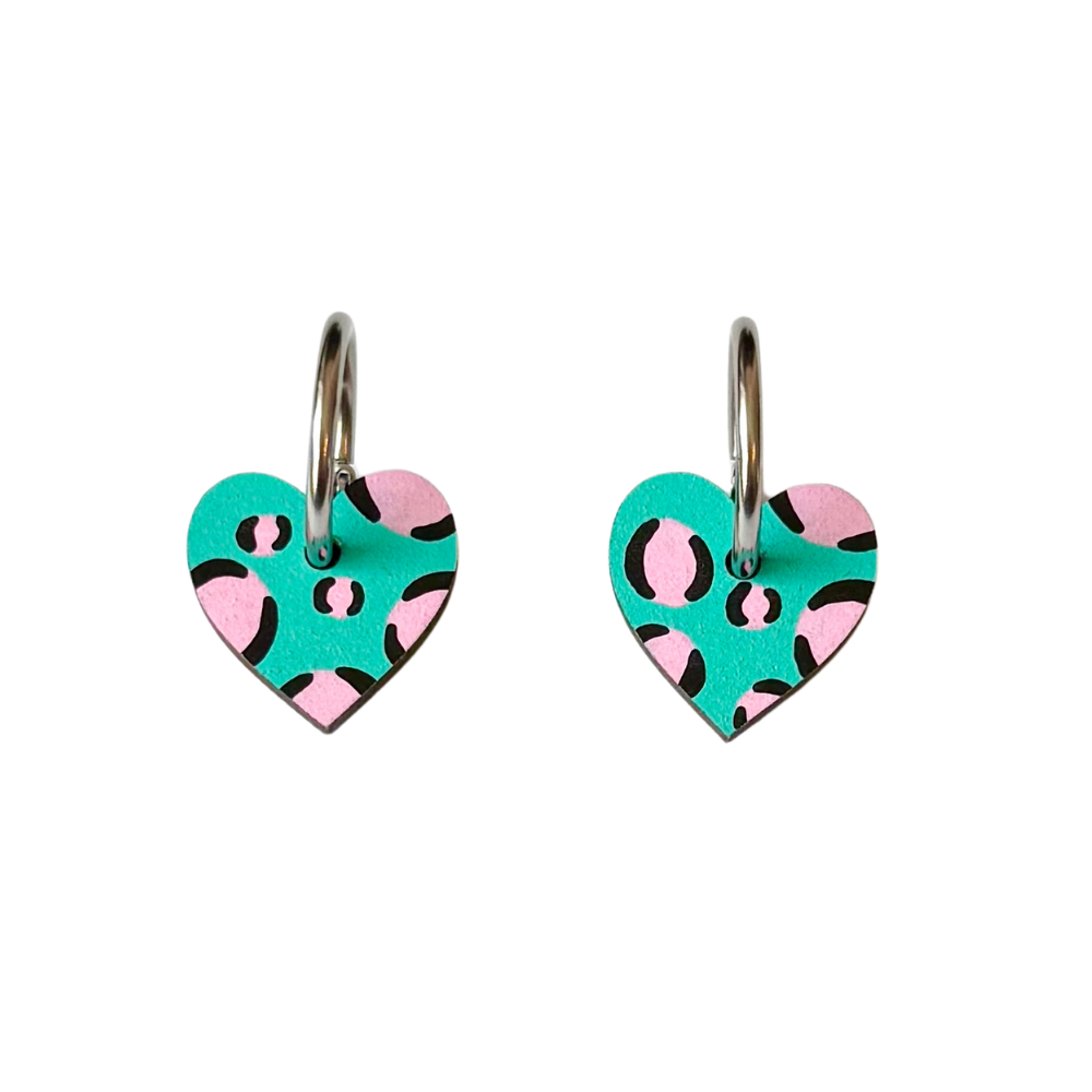 Ivy and Ginger Green and pink leopard print heart hoop earrings