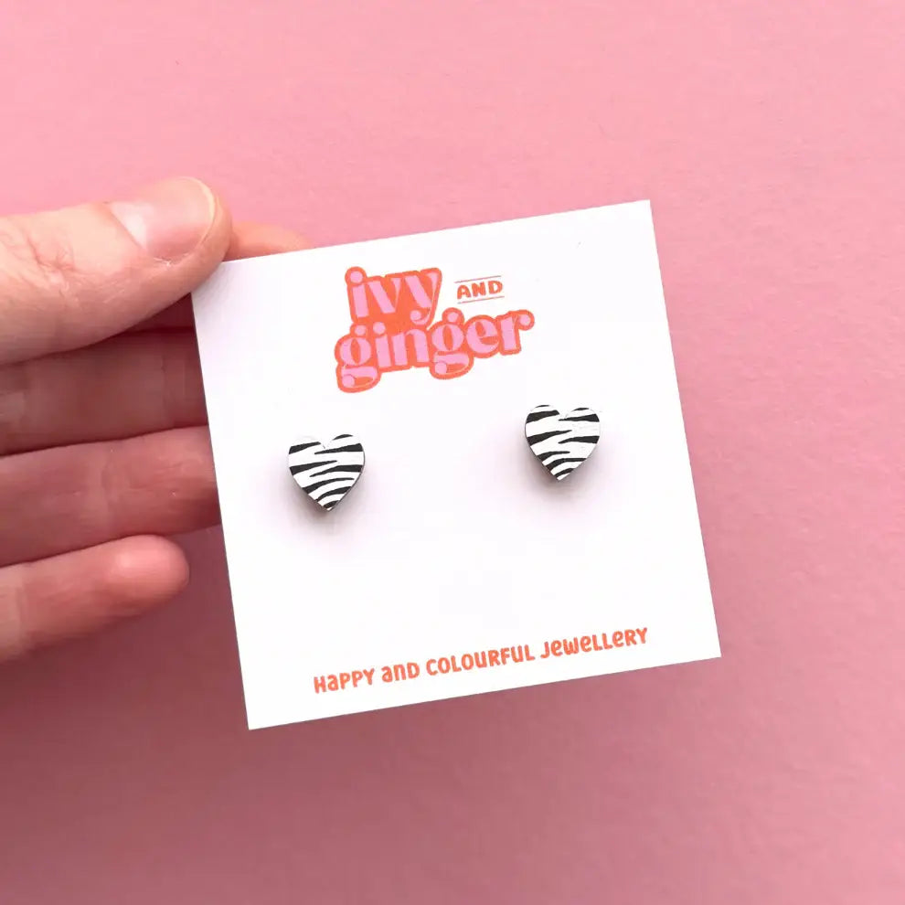 Ivy and Ginger Mini zebra print heart stud statement wooden earrings