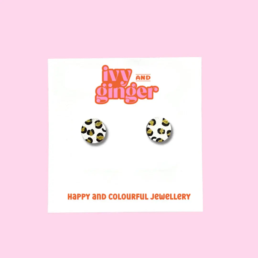 ivy and Ginger Mini white and gold circle leopard print stud earrings