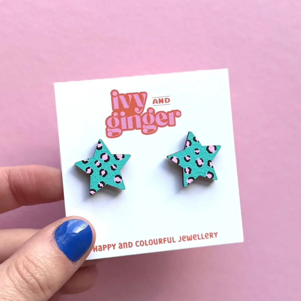 Ivy and Ginger Teal and pink leopard print star stud earrings