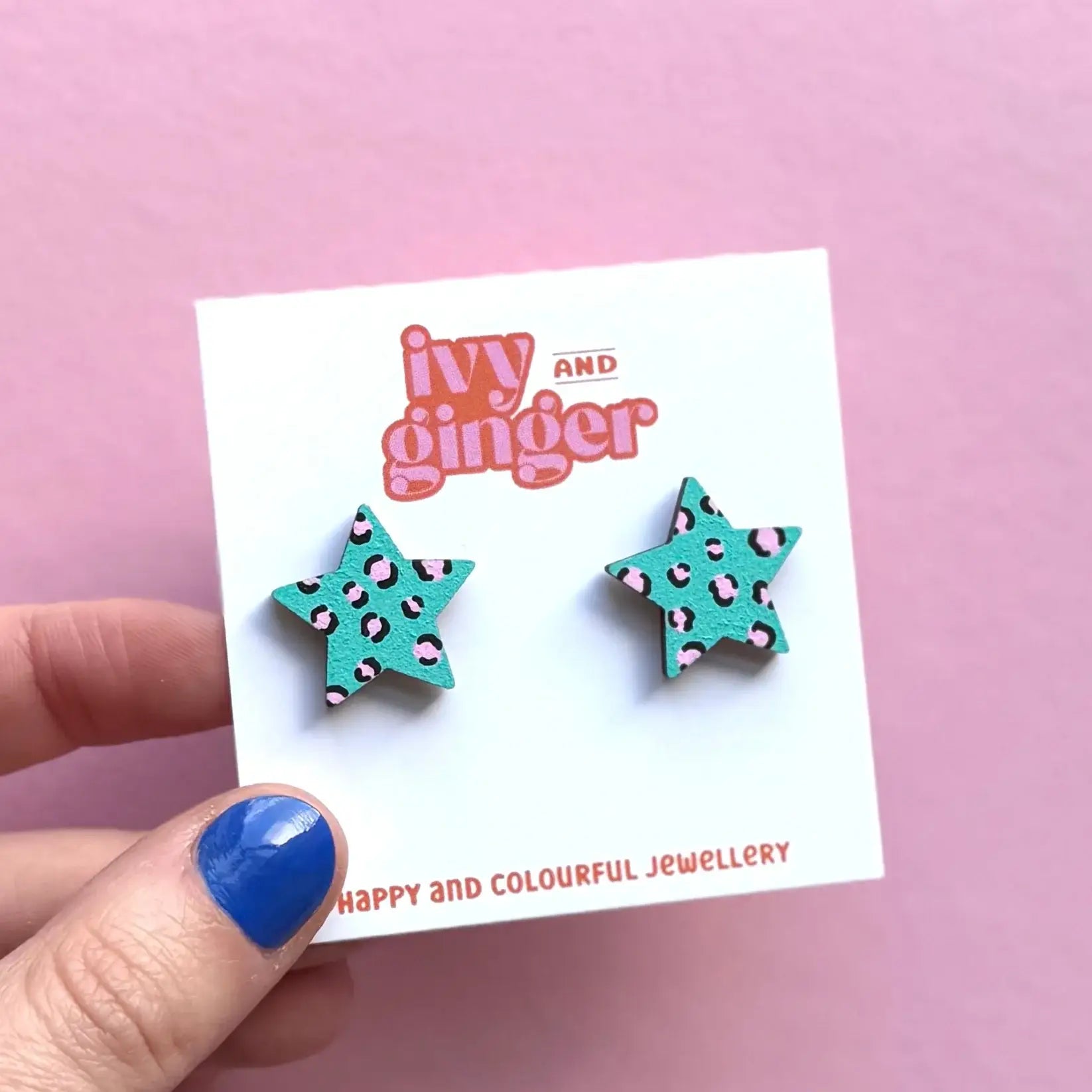 Ivy and Ginger Teal and pink leopard print star stud earrings