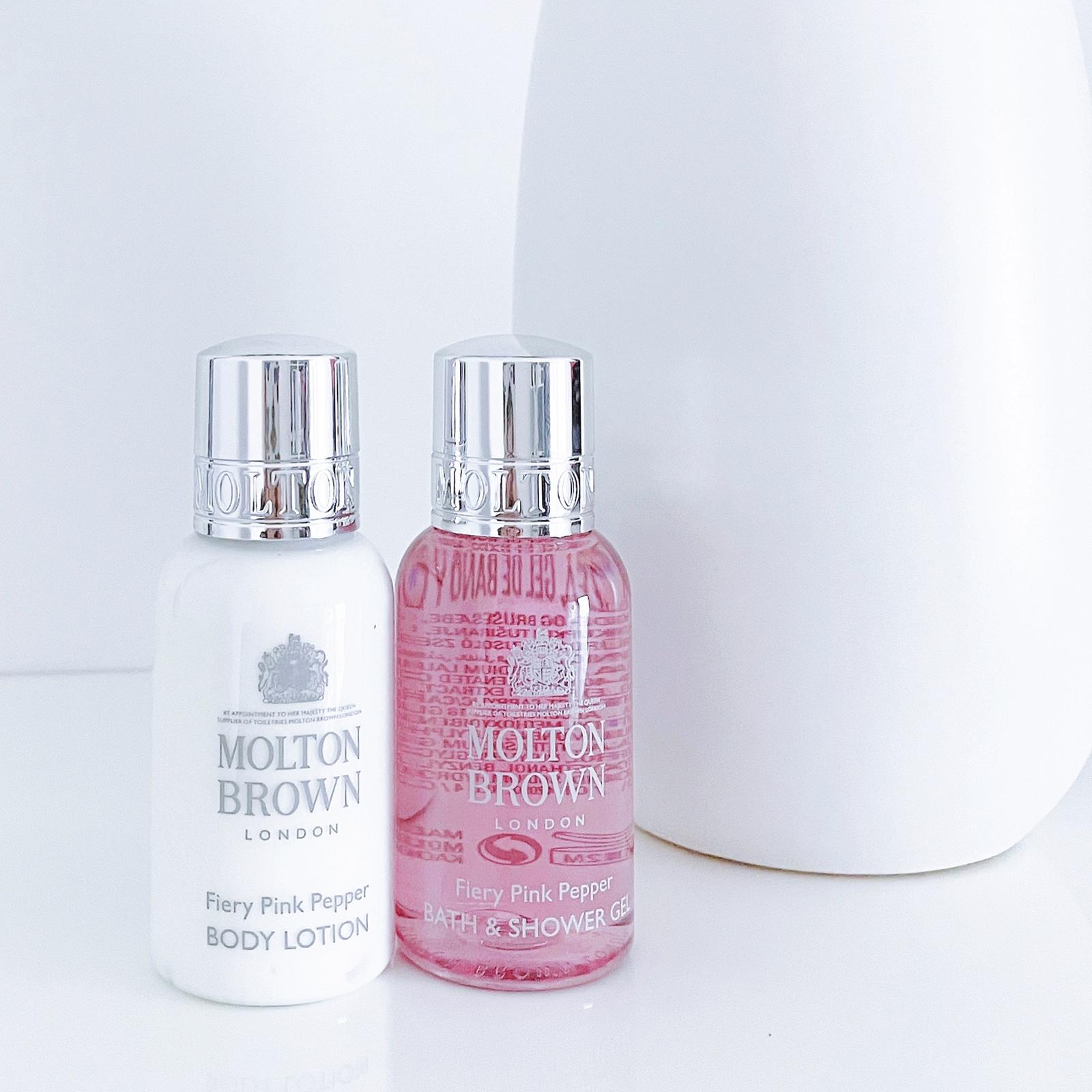 Molton Brown Fiery Pink Pepper Bath and Shower Gel and Body Lotion and Coastal Cypress Fennel Shower Gel