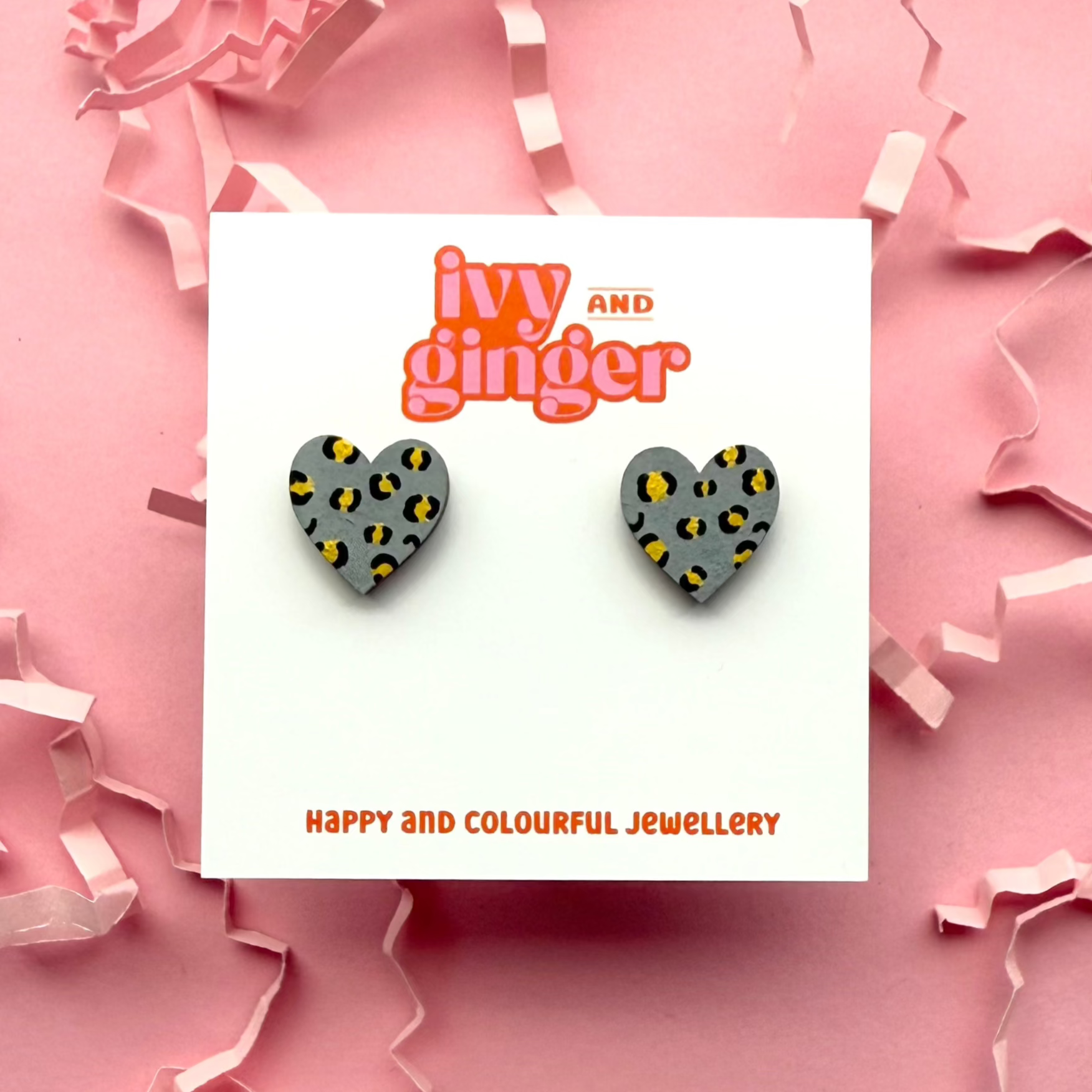 Ivy and Ginger Midi grey and gold leopard print heart stud earrings