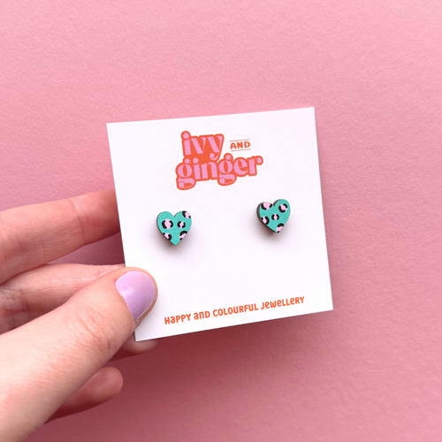 Ivy and Ginger Handmade Mini Green and Pink Leopard Heart Stud Earrings