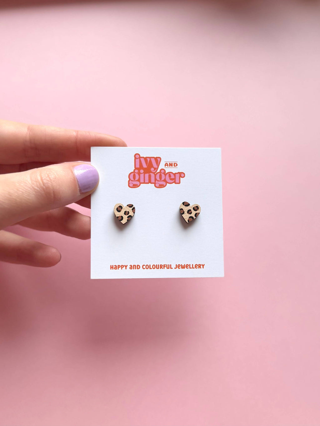 Ivy and Ginger Handmade Brown Leopard Print Mini Heart Stud Earrings