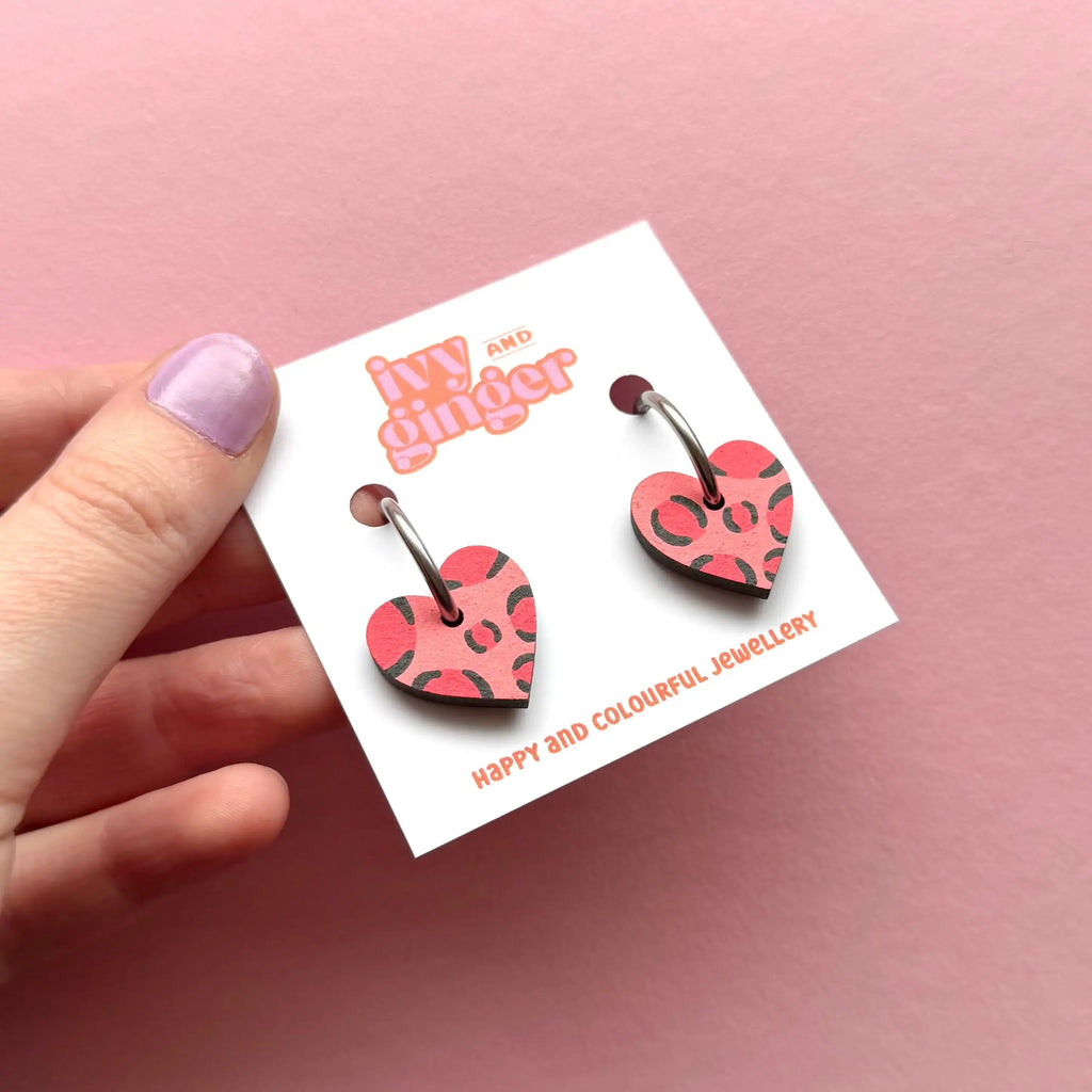 Ivy and Ginger Deep Pink and Red Leopard Print Small Heart Hoop Earrings