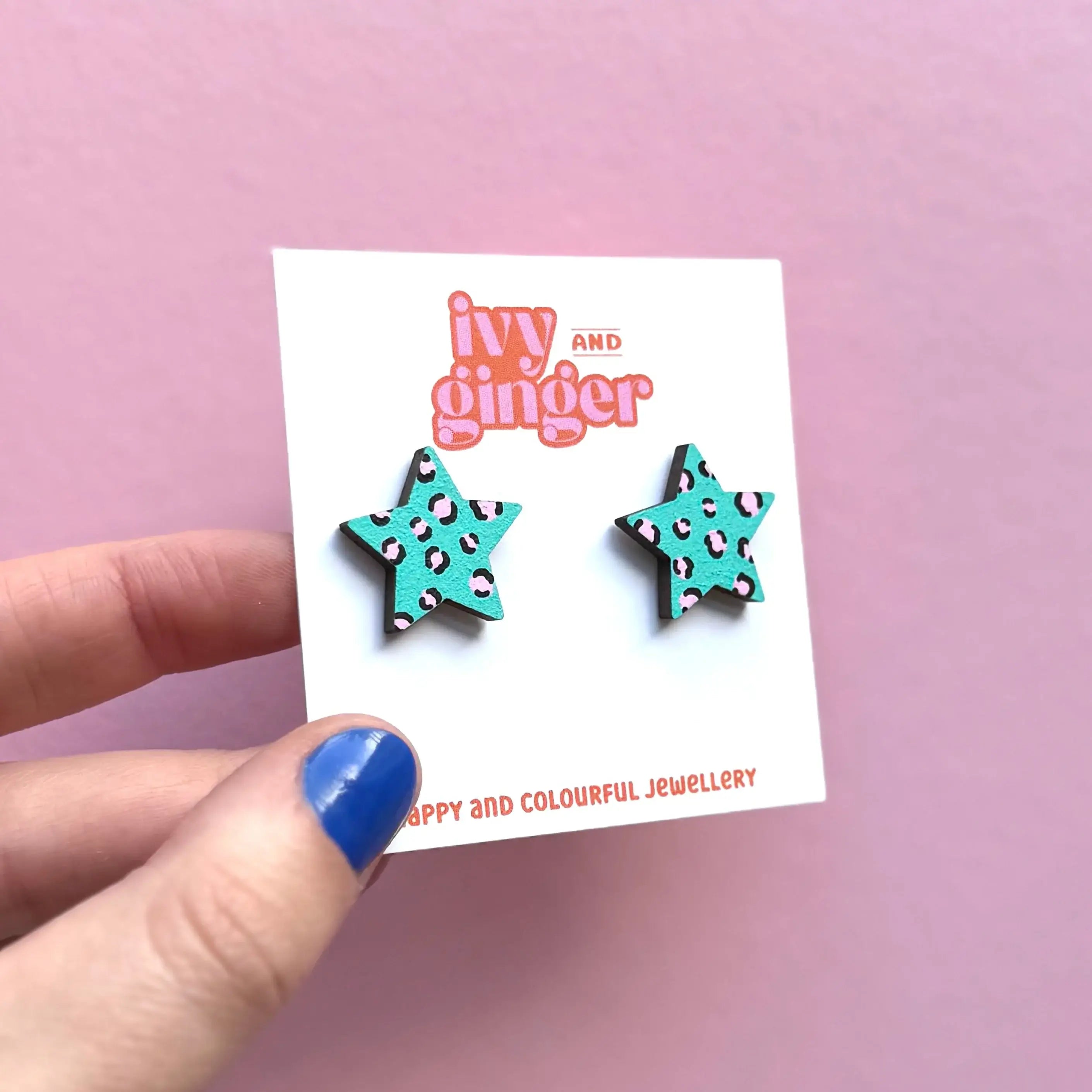 Ivy and Ginger Teal and pink leopard print star stud earrings