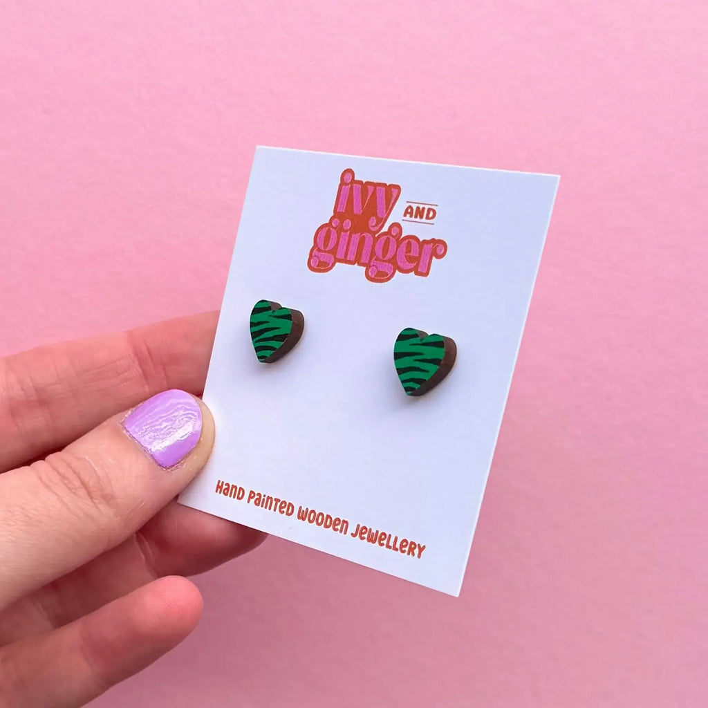 Ivy and Ginger Hand painted mini green and black zebra print stud earrings