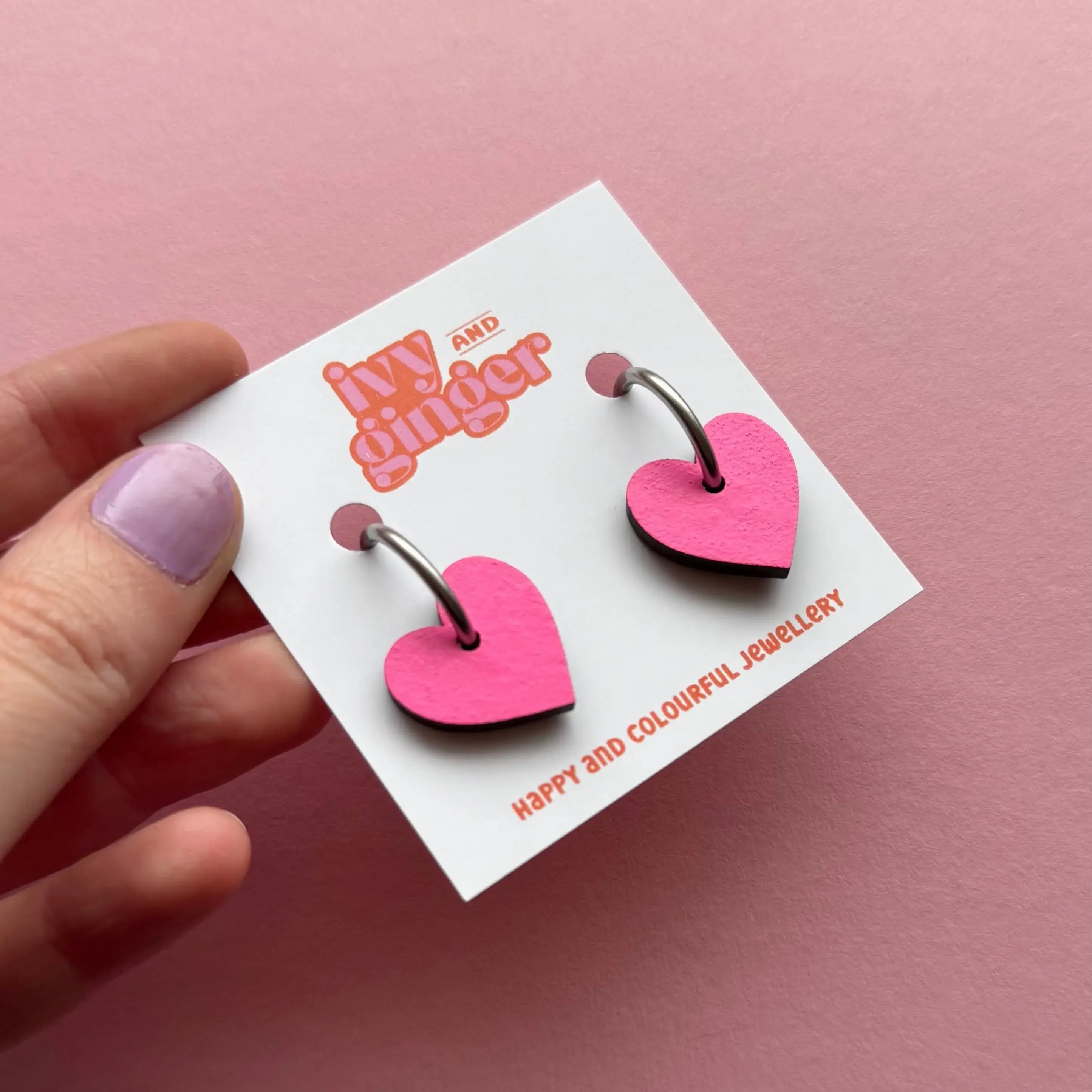 Ivy and Ginger Handmade Bold Statement Bright Pink Heart Hoop Earrings