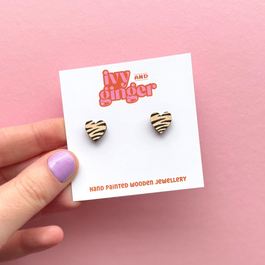 Ivy and Ginger Mini cream and black zebra print heart stud earrings