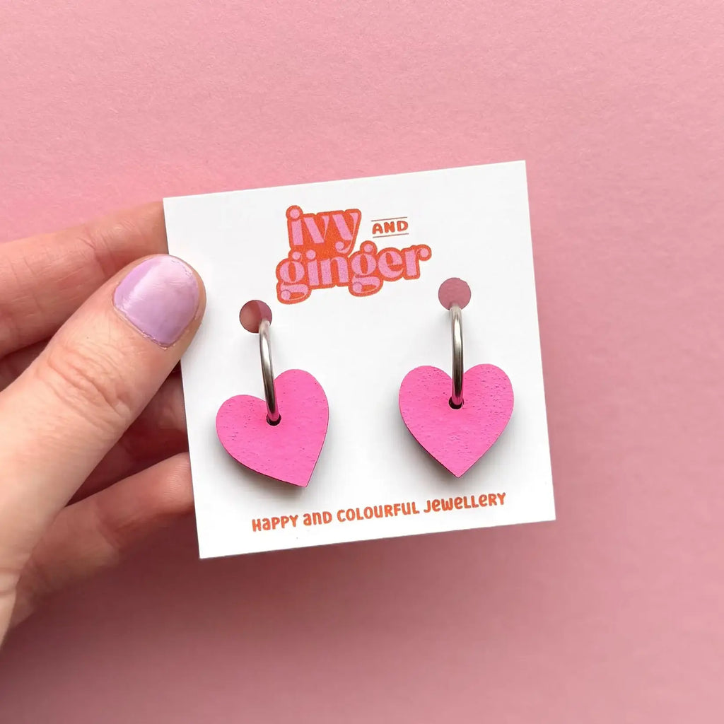 Ivy and Ginger Handmade Bold Statement Bright Pink Heart Hoop Earrings