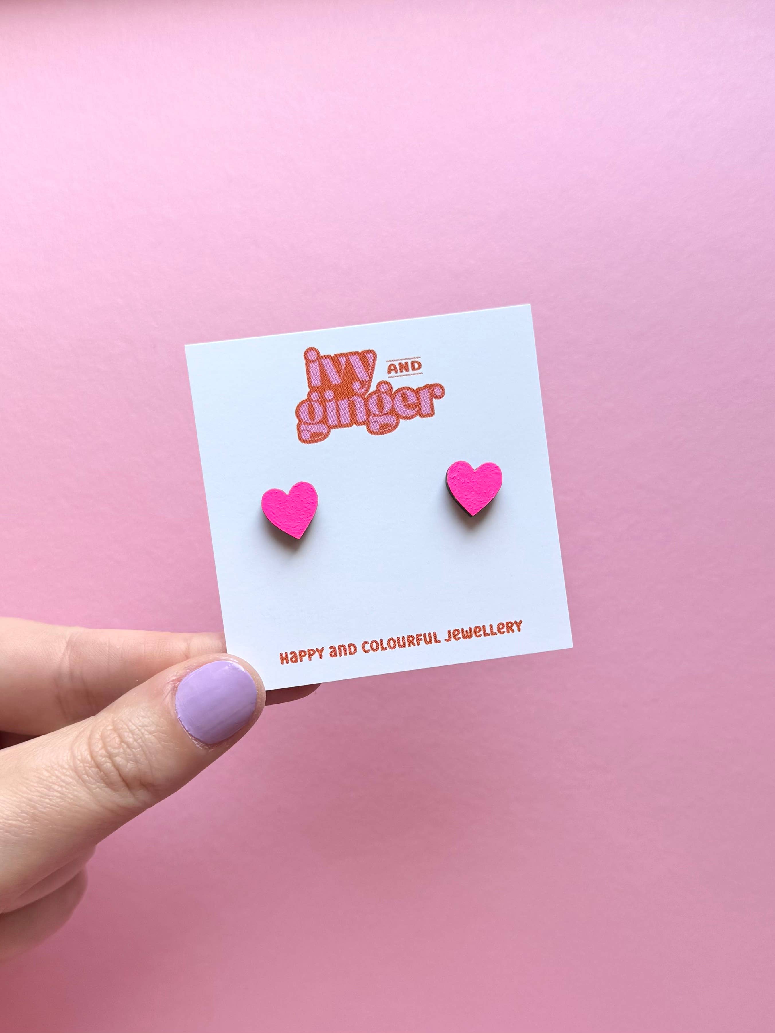 Ivy and Ginger Mini neon pink statement heart hand painted stud earrings