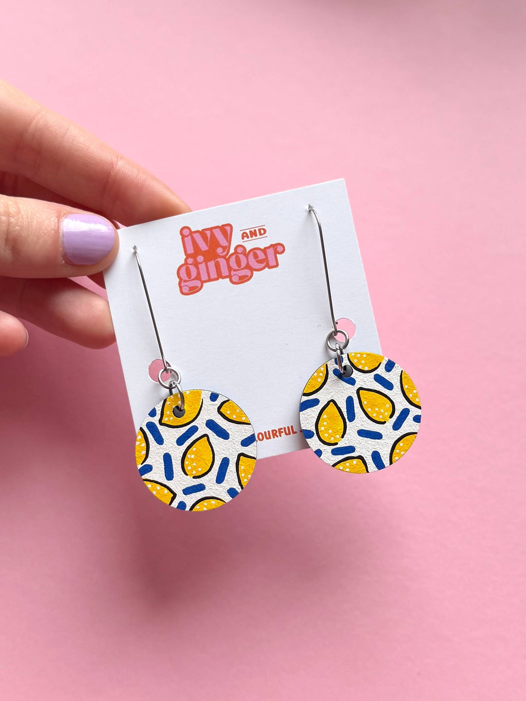 Ivy and Ginger Lemon print Summer hand painted wooden dangle drop earrings