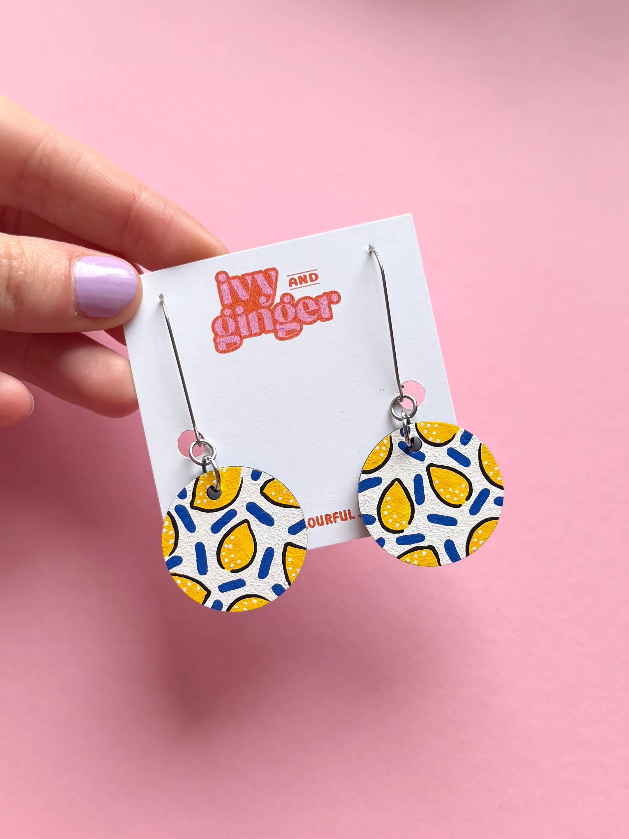 Ivy and Ginger Lemon print Summer hand painted wooden dangle drop earrings