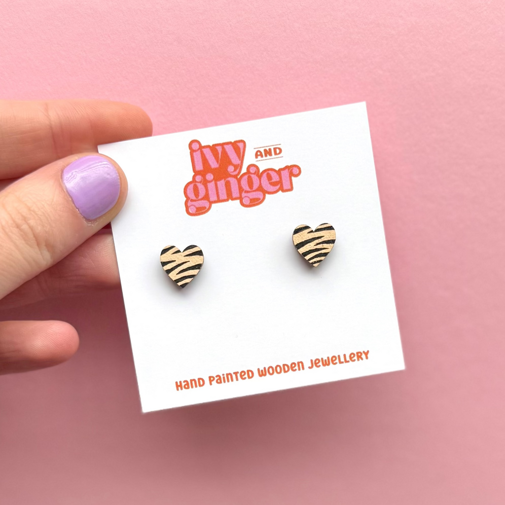Ivy and Ginger Mini cream and black zebra print heart stud earrings