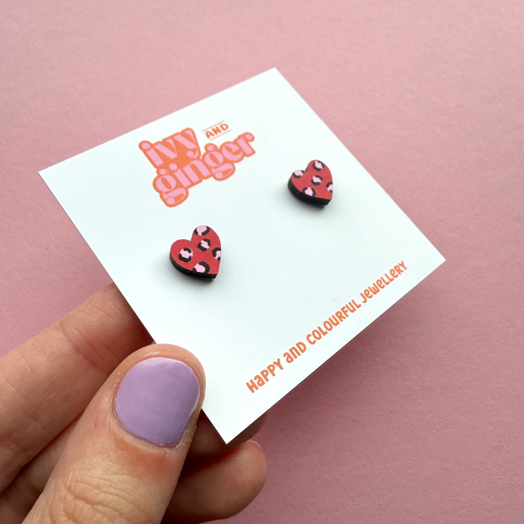 Ivy and Ginger Red and pink leopard print mini heart stud earrings