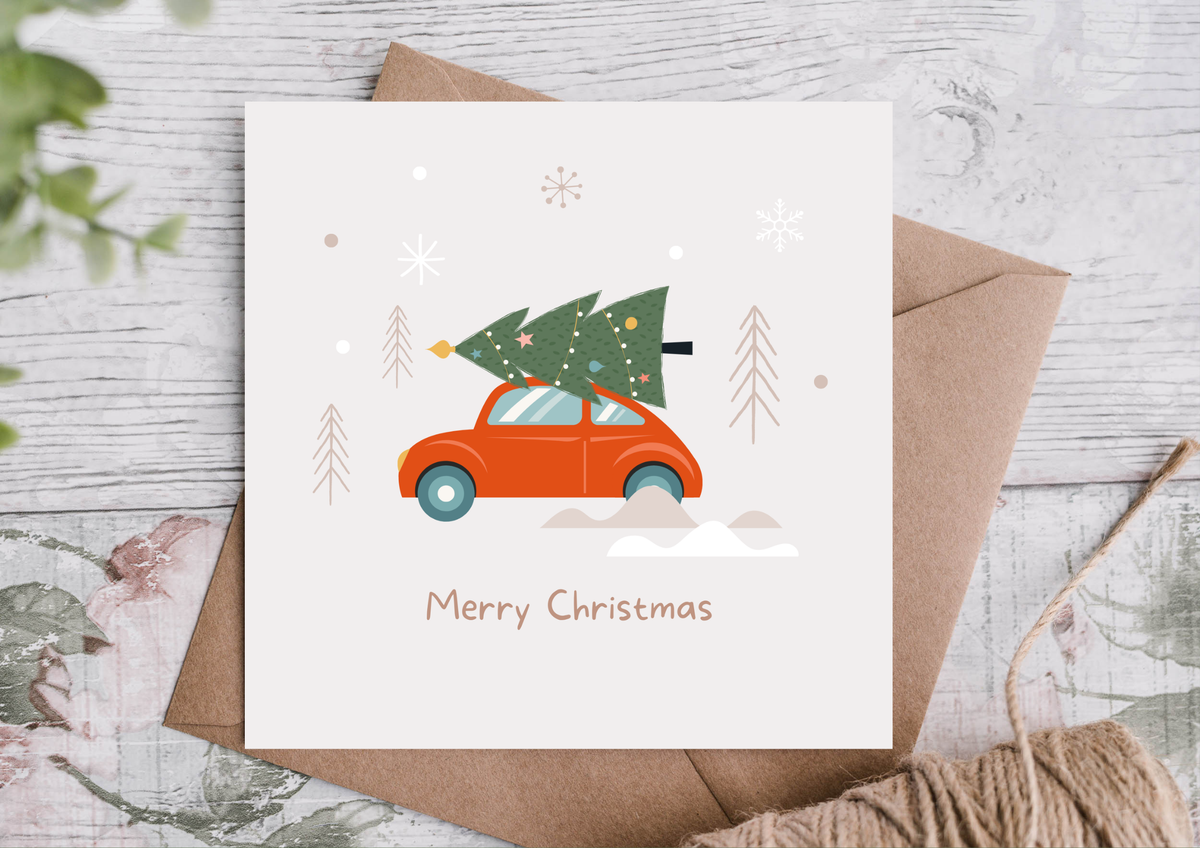 Red Car Tree Merry Christmas Card