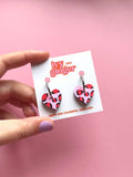 Ivy and Ginger Light pink and red leopard print small heart hoop earrings