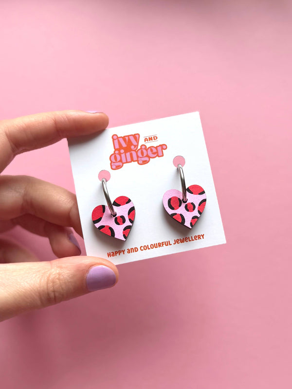 Ivy and Ginger Light pink and red leopard print small heart hoop earrings
