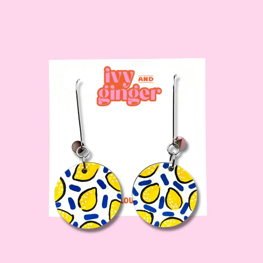 Ivy and Ginger Lemon print Summer hand painted wooden dangle drop earrings