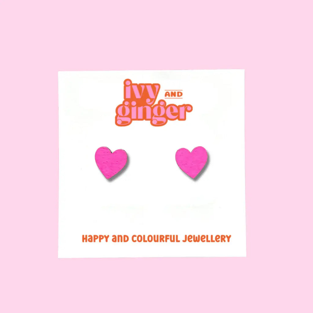 Ivy and Ginger Mini neon pink statement heart hand painted stud earrings