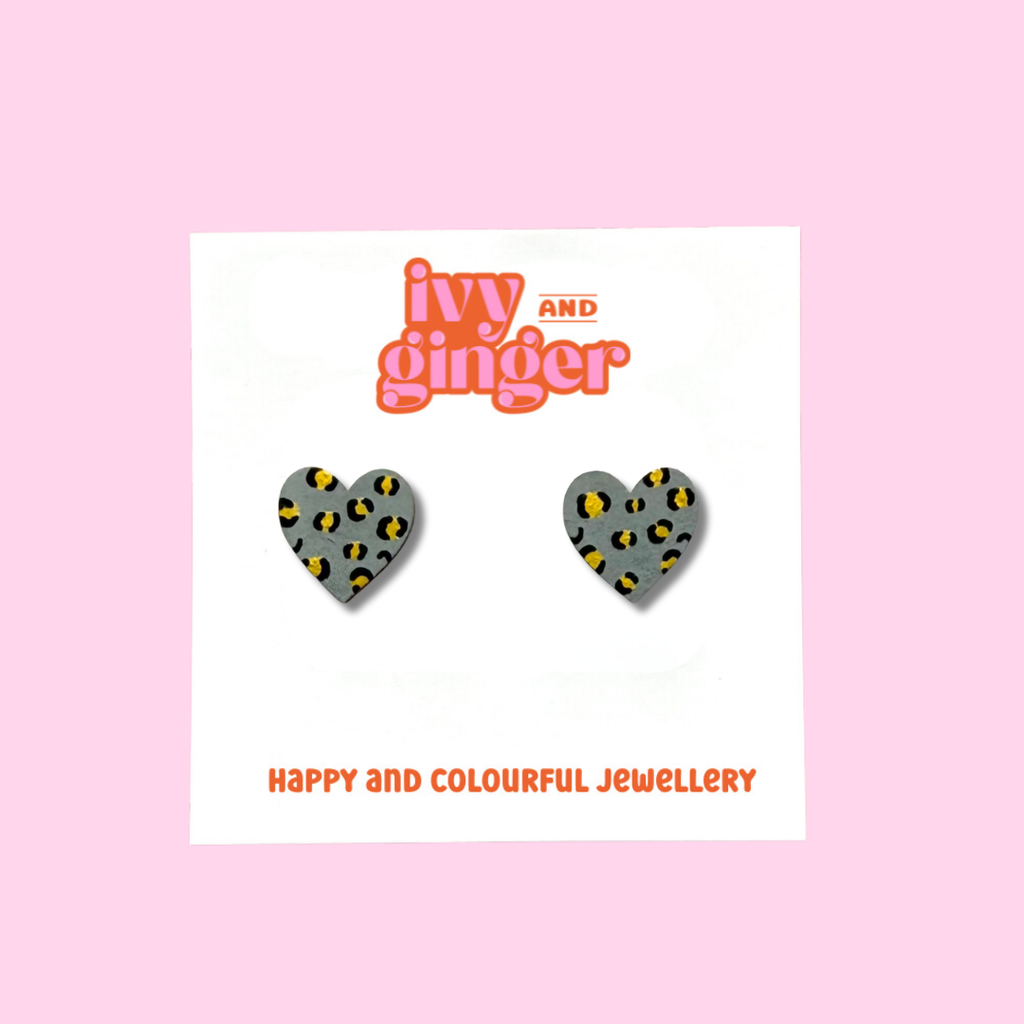 Ivy and Ginger Midi grey and gold leopard print heart stud earrings