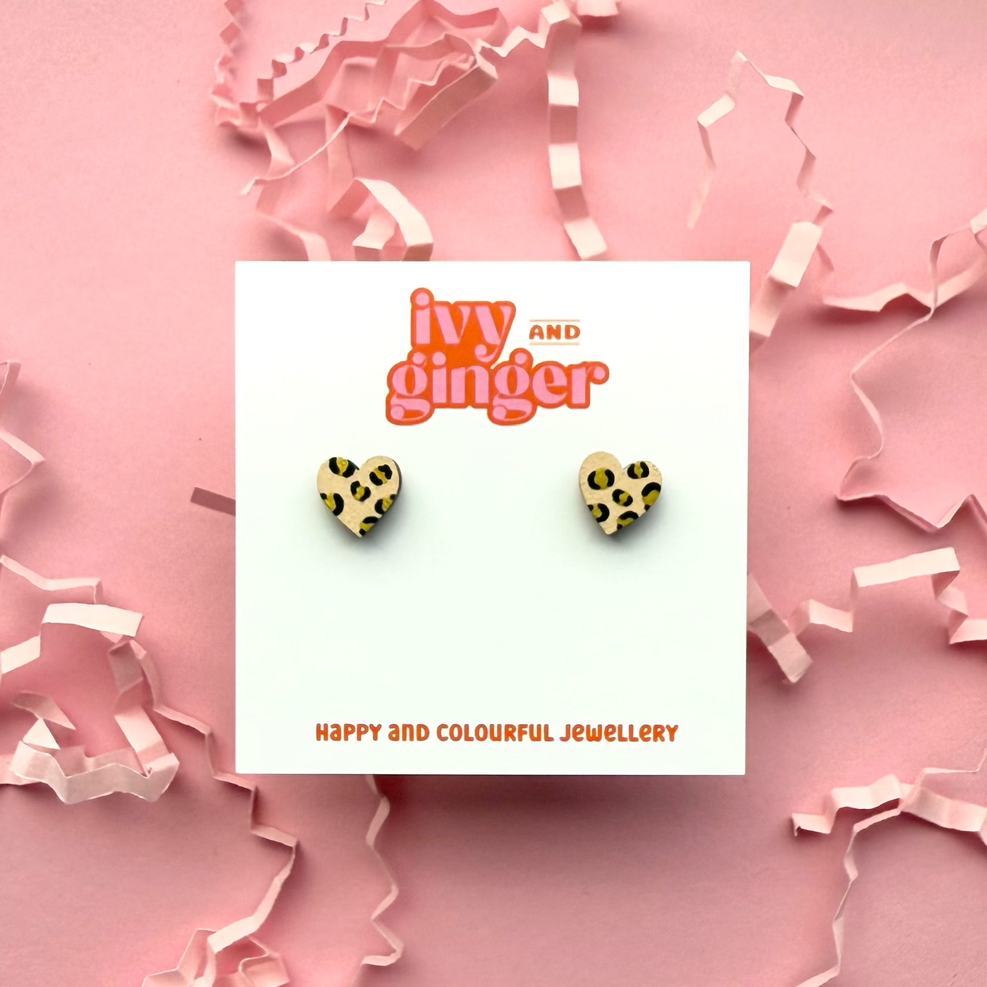 Ivy and Ginger Mini cream and gold leopard print heart stud earrings