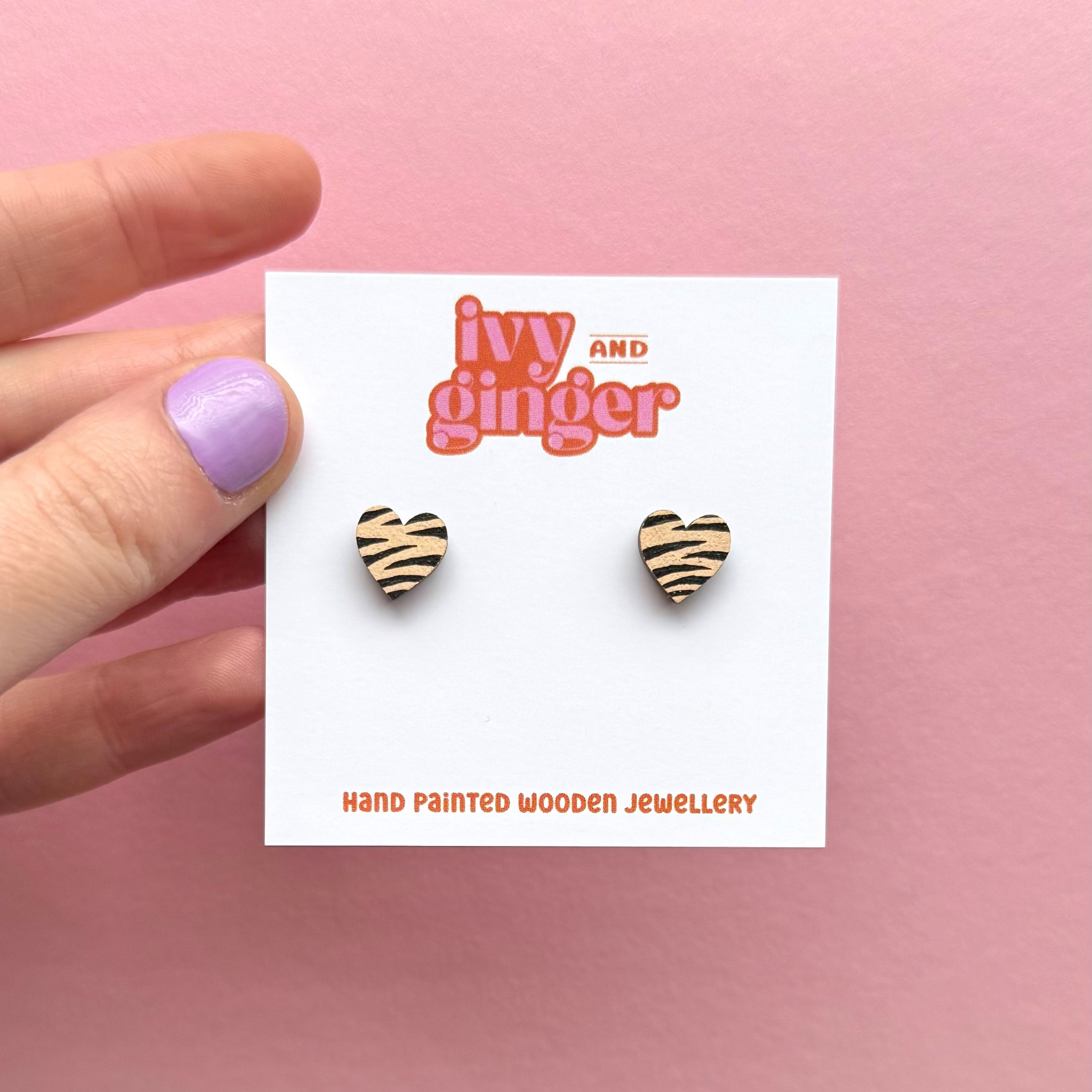 Ivy and Ginger Mini cream and black zebra print heart stud earrings