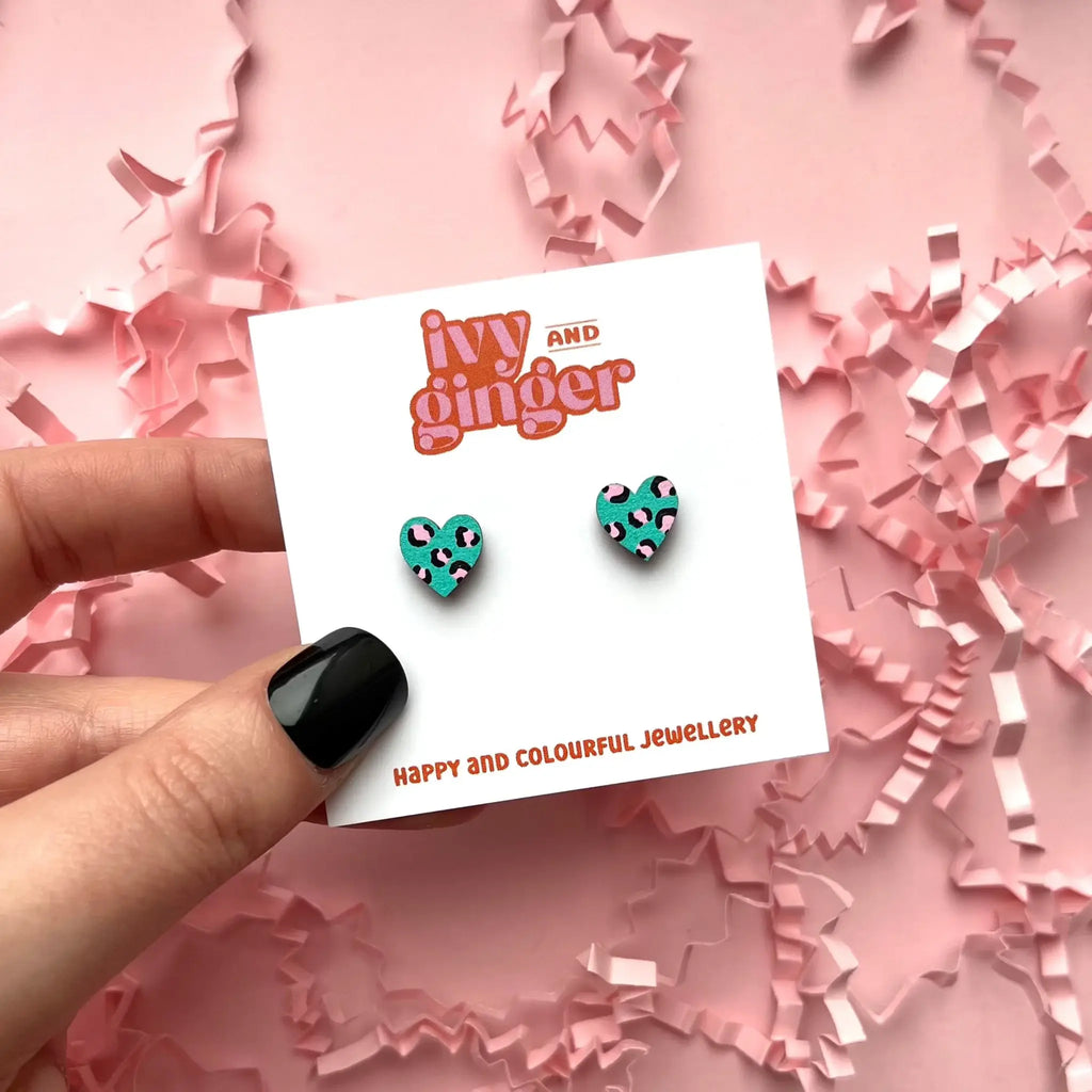 Ivy and Ginger Handmade Mini Green and Pink Leopard Heart Stud Earrings
