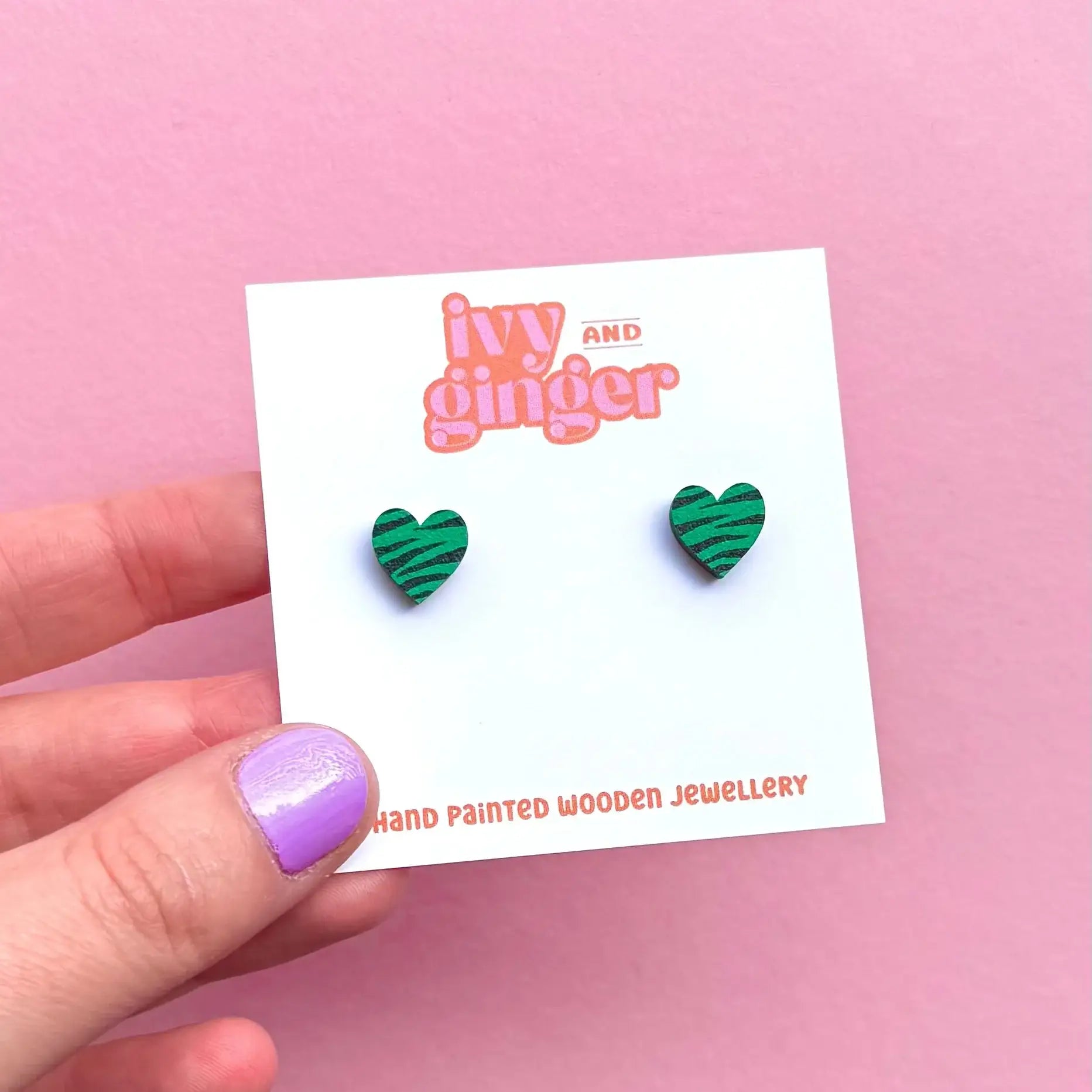 Ivy and Ginger Hand painted mini green and black zebra print stud earrings
